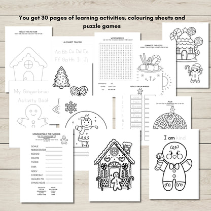Collection of educational worksheets and coloring pages on a wooden surface