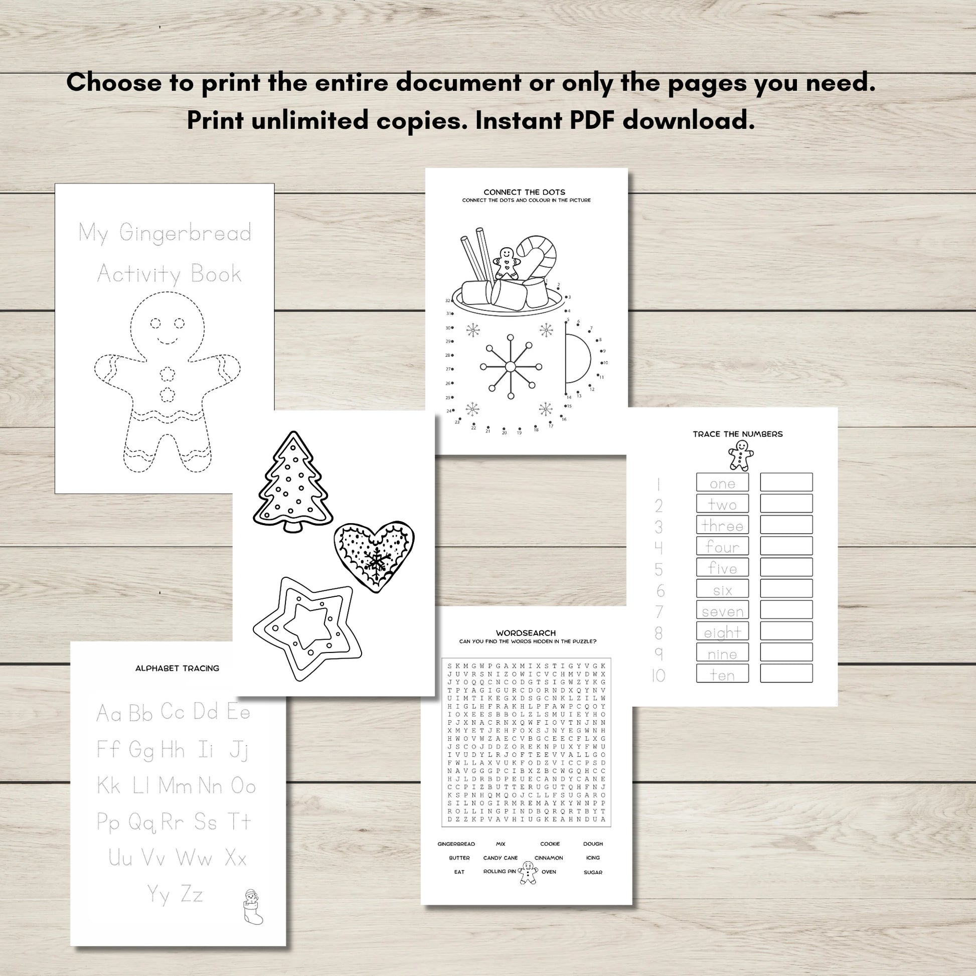 Collection of gingerbread-themed activity sheets on a wooden surface with text about document printing.