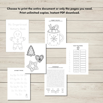 Collection of gingerbread-themed activity sheets on a wooden surface with text about document printing.