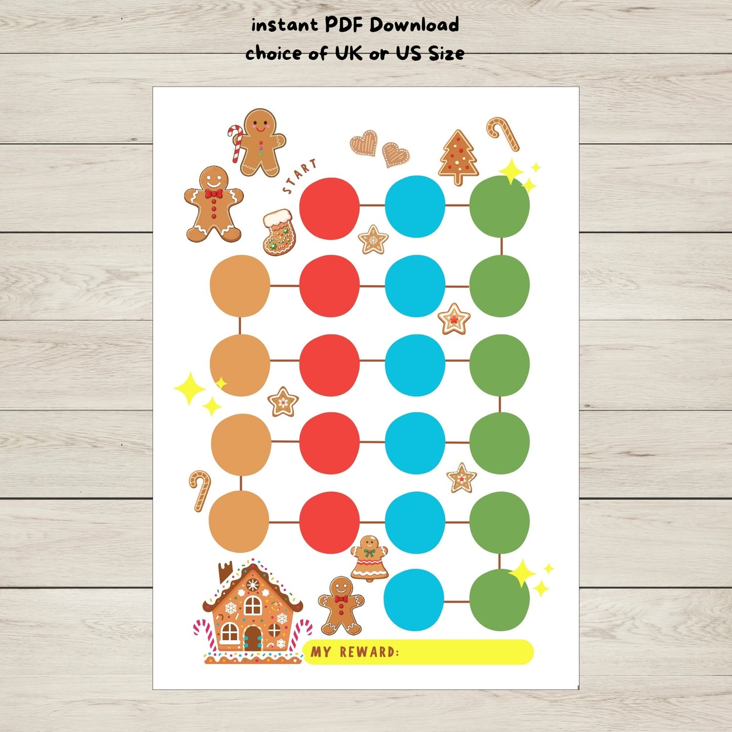 A gingerbread reward chart PDF for kids available in UK and US sizes.