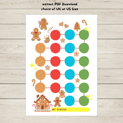 A gingerbread reward chart PDF for kids available in UK and US sizes.