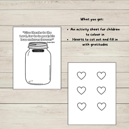 Activity craft for children with a mason jar and hearts on a wooden surface for 'Give thanks to god' theme. 