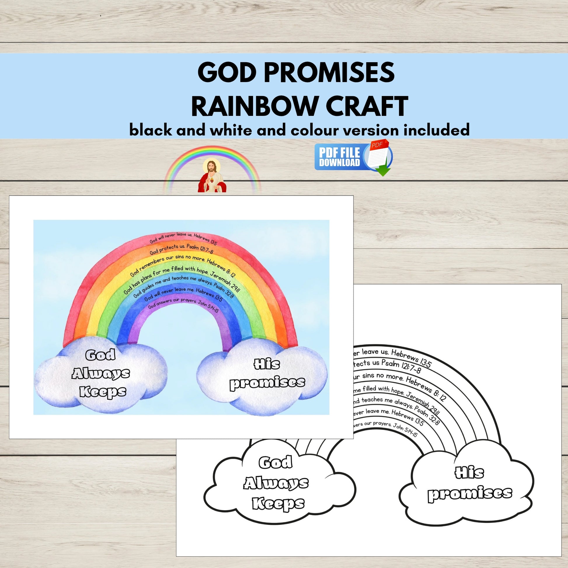 God Always Keeps His Promises Rainbow Bible Craft Printable for Sunday School and Christian Kids Activities.