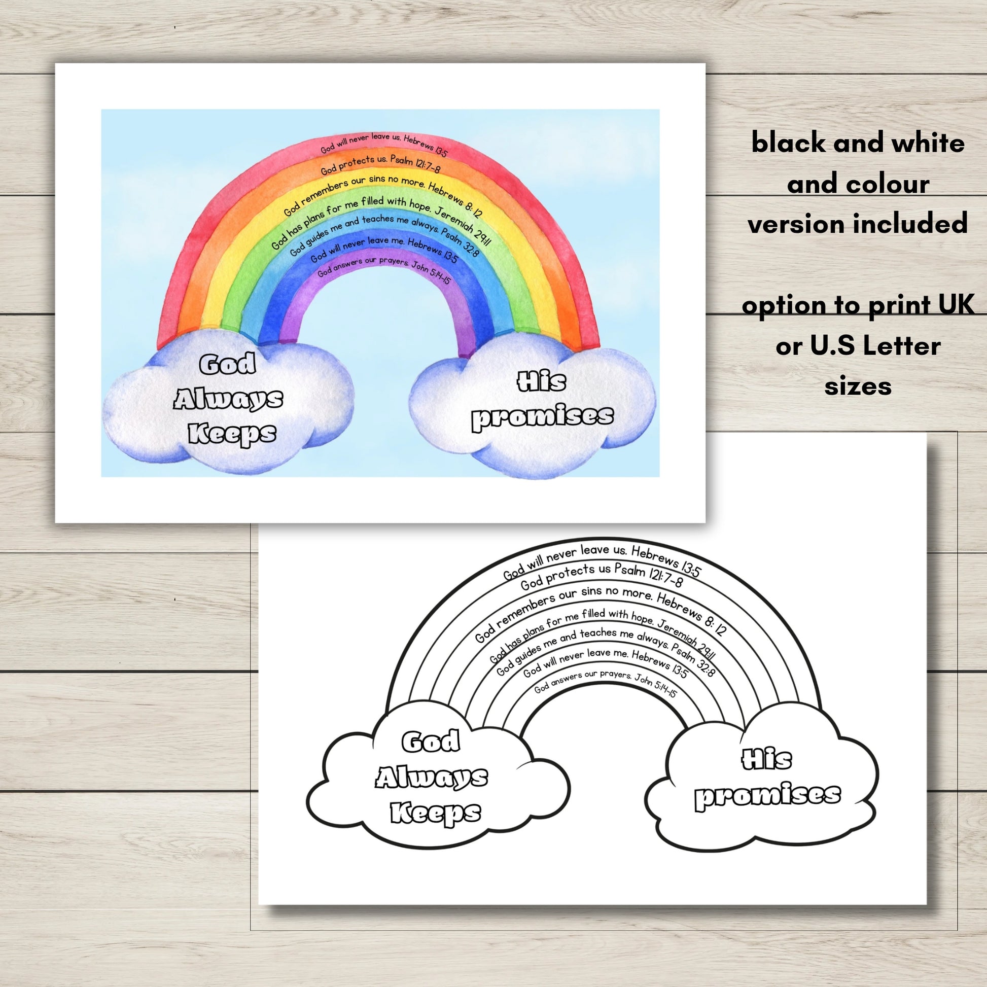 Two printable rainbow scripture cards shown on a light wood background, with text noting black and white and colour versions included and options to print UK or U.S.