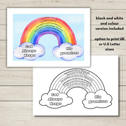 Two printable rainbow scripture cards shown on a light wood background, with text noting black and white and colour versions included and options to print UK or U.S.