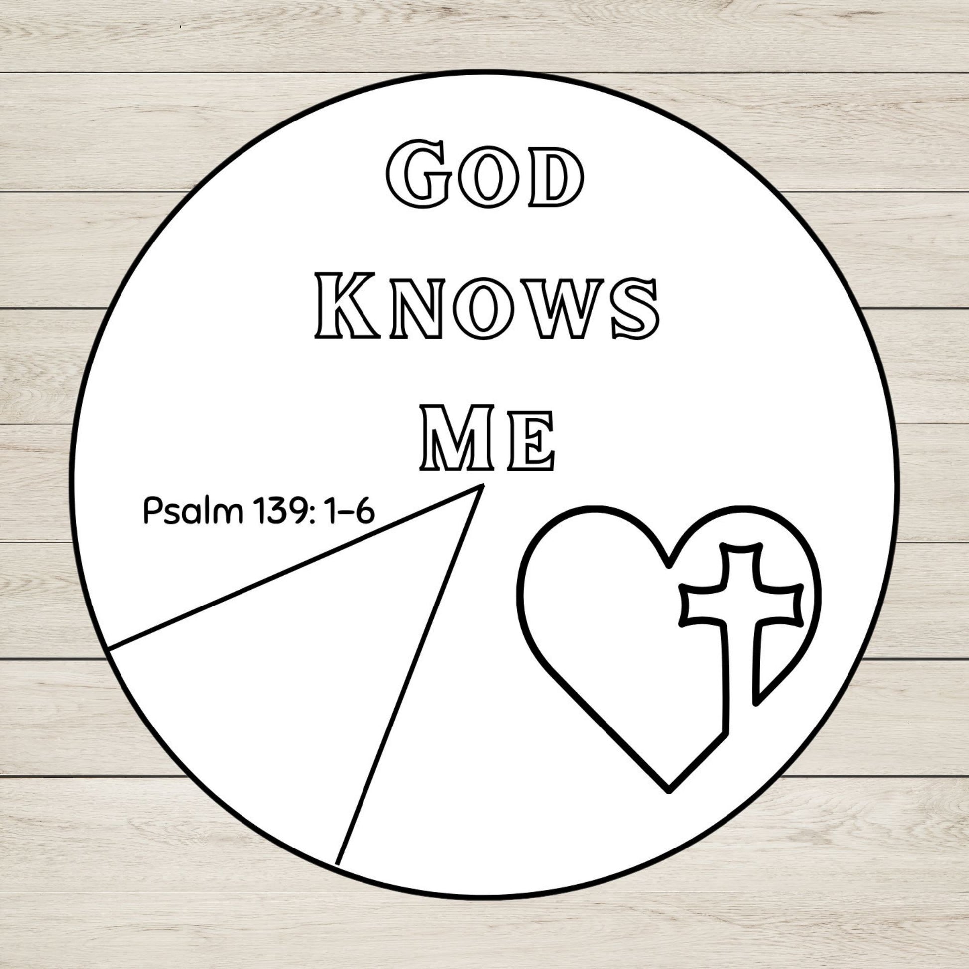 A circular black-and-white wheel craft for kids featuring God Knows Me. 