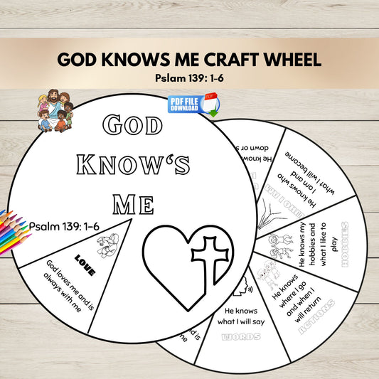 A free printable God Knows Me Colouring Craft Wheel for Kids. 