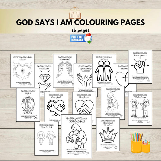 Collection of 'God Says I Am' coloring pages on a wooden surface with a cup of markers.