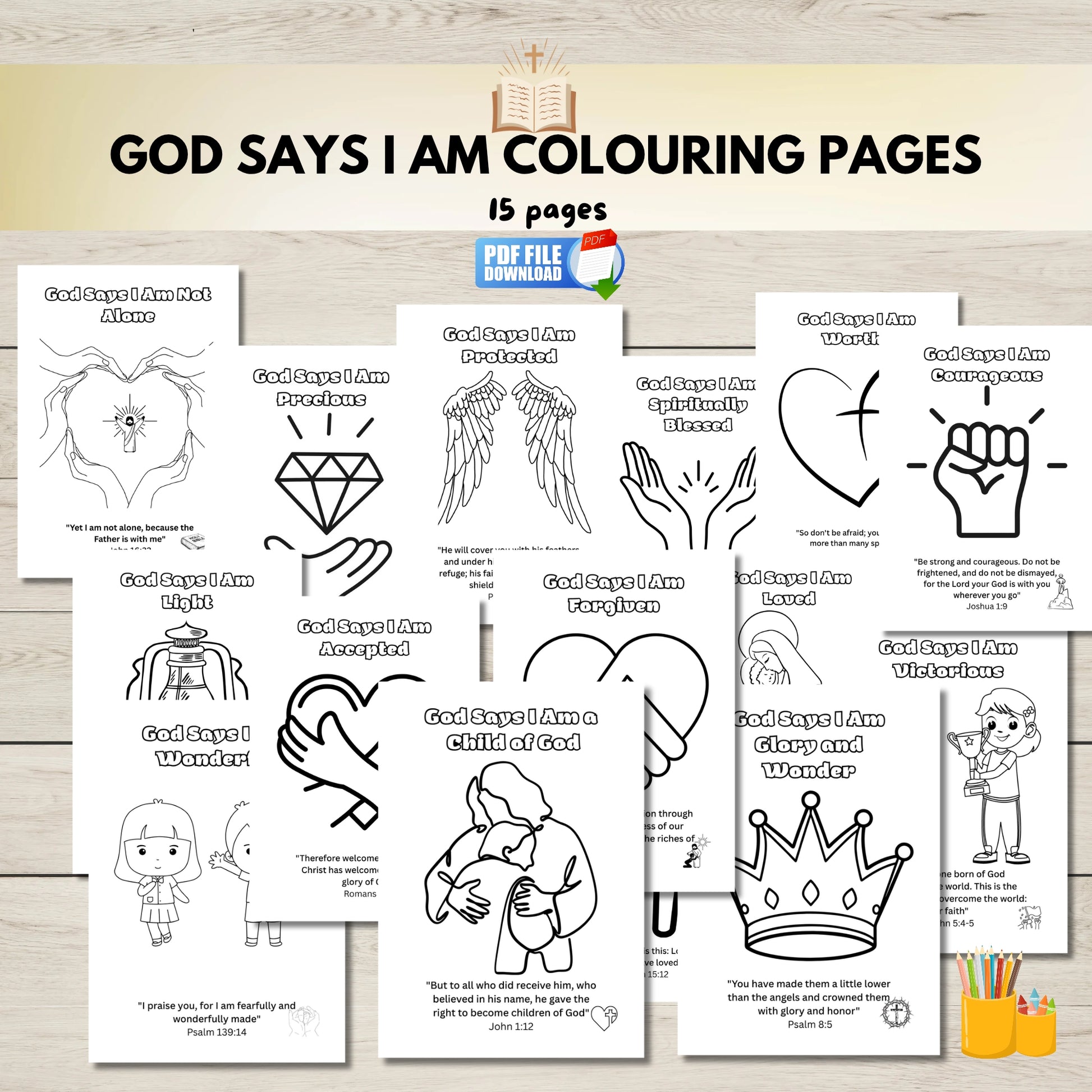 Set of 'God Says I Am' colouring pages for kids. 