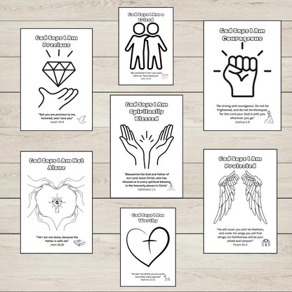 Set of colouring pages with motivational phrases and symbols on a wooden surface