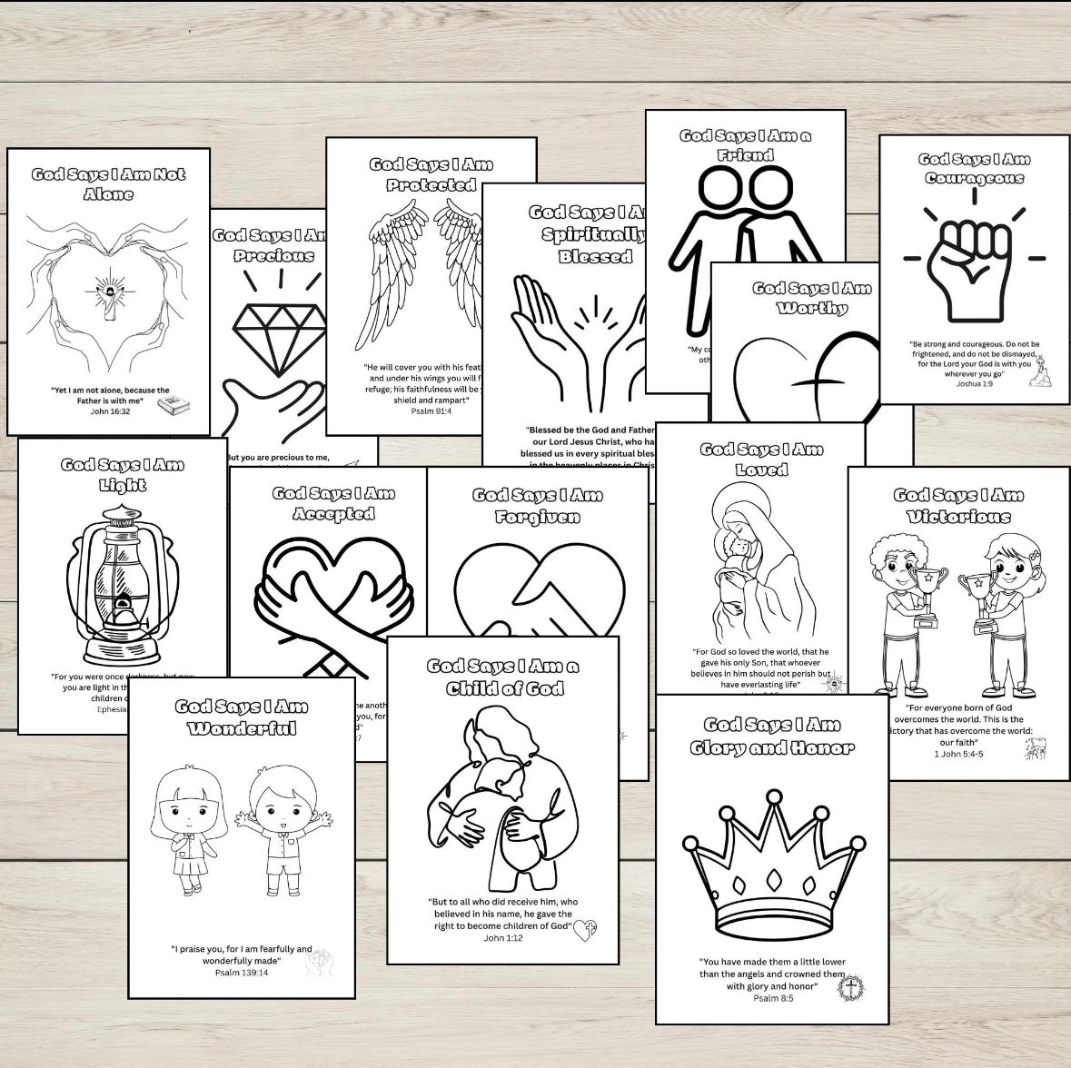 Collection of colouring pages with various illustrations and text on a wooden surface.