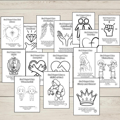 Collection of colouring pages with various illustrations and text on a wooden surface.