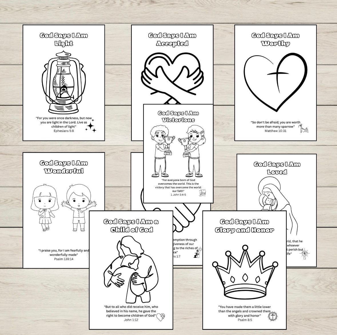 Set of colouring pages with religious themes on a wooden surface