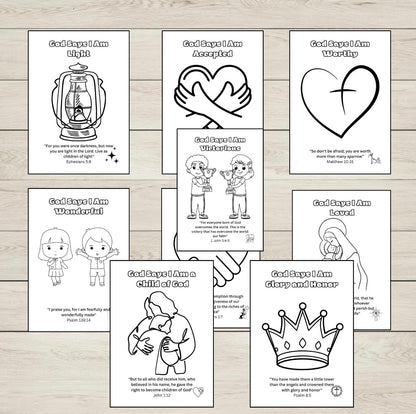 Set of colouring pages with religious themes on a wooden surface