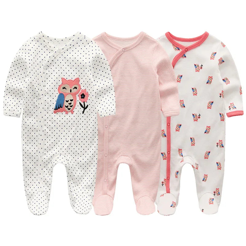 "A pack of 3 unisex organic cotton pink white owl print baby bodysuits." 