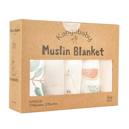 "A cardboard box with five fruit kangobaby muslin blankets."