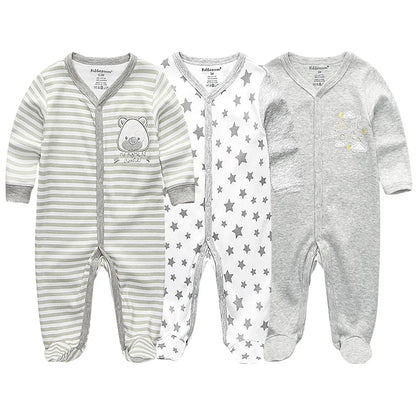 "A pack of 3 baby unisex organic cotton grey white bodysuits." 