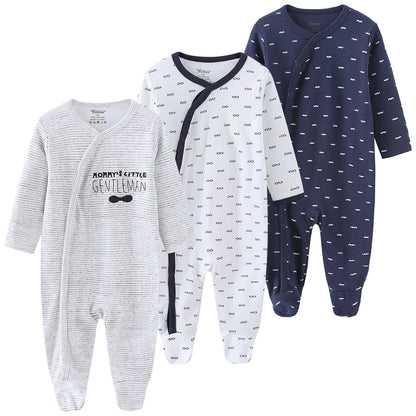 "A pack of 3 baby organic cotton baby bodysuits with gentleman and moustache."