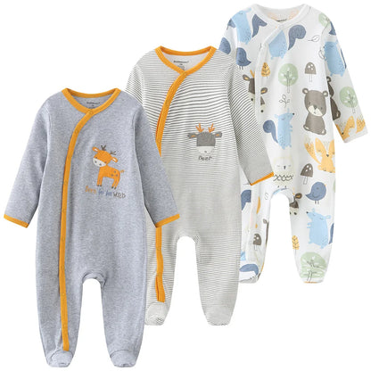 "A pack of 3 baby unisex organic cotton woodland animals bodysuits." 