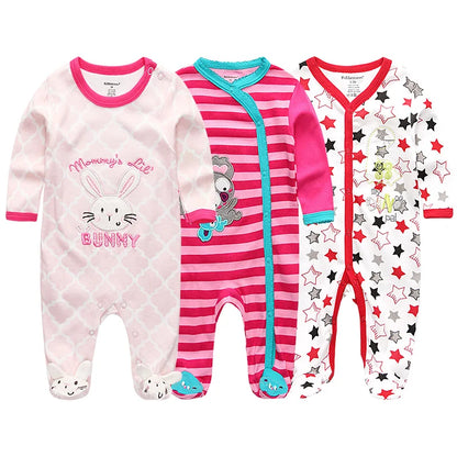 "A pack of 3 baby unisex organic cotton pink bunny and stars bodysuits."