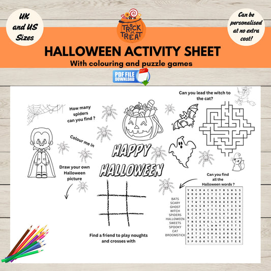 A printable activity and colouring sheet for kids. Ideal for halloween parties.