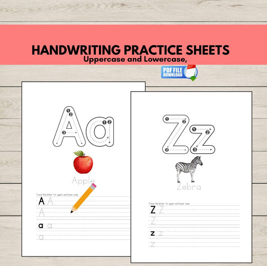 Handwriting practice sheets with uppercase and lowercase letters on a wooden surface.