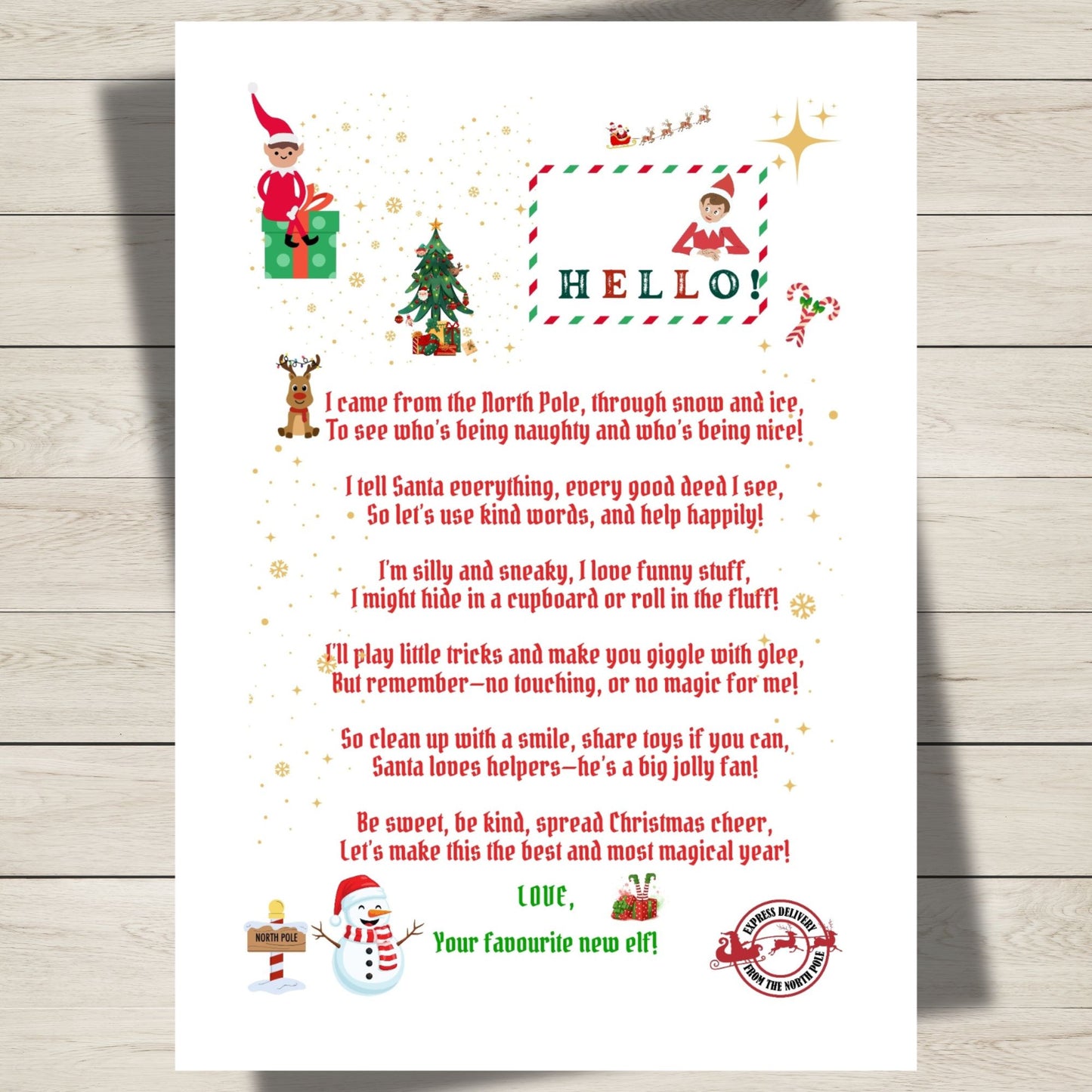 Letter from an elf on a wooden surface with festive graphics and text.