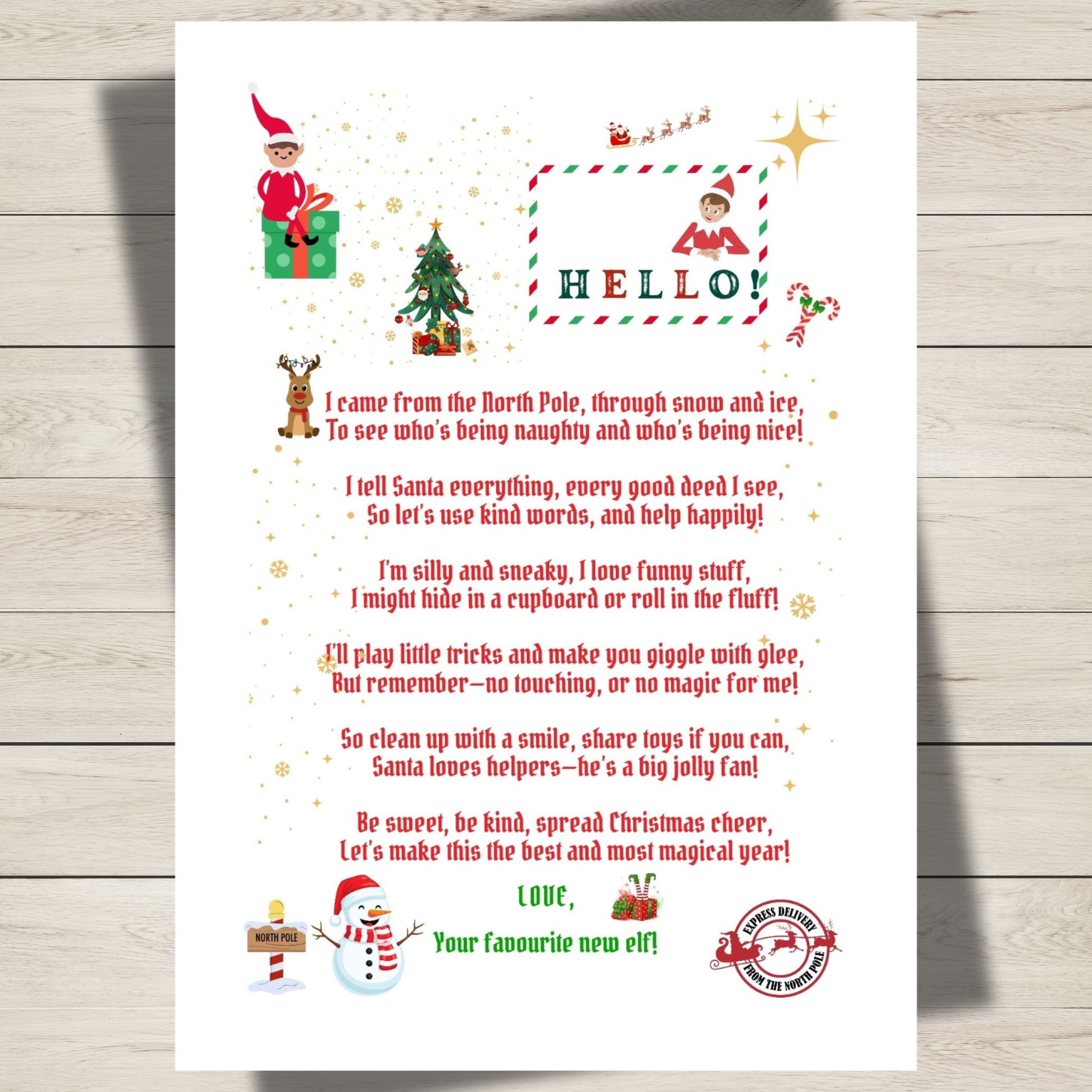 Letter from an elf on a wooden surface with festive graphics and text.