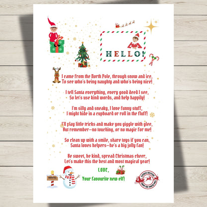 Letter from an elf on a wooden surface with festive graphics and text.
