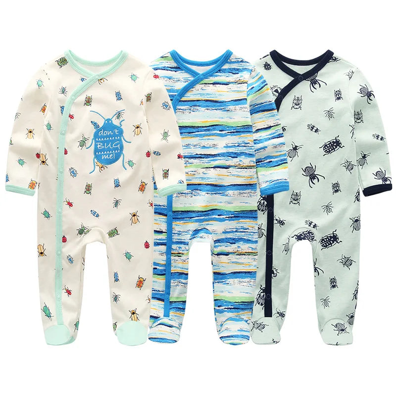 "A pack of 3 baby unisex organic cotton bug themed bodysuits." 