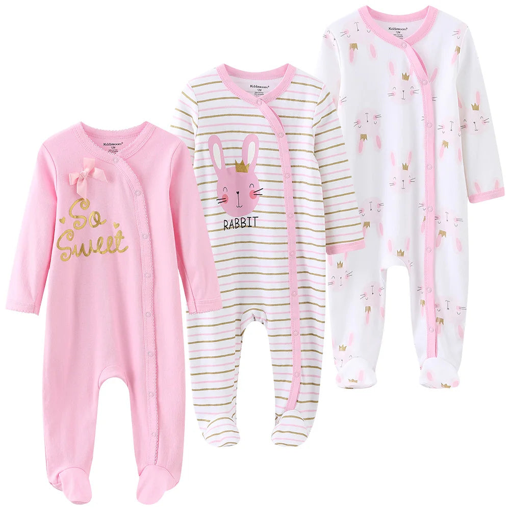 "A pack of 3 baby unisex organic cotton pink rabbit bodysuits." 