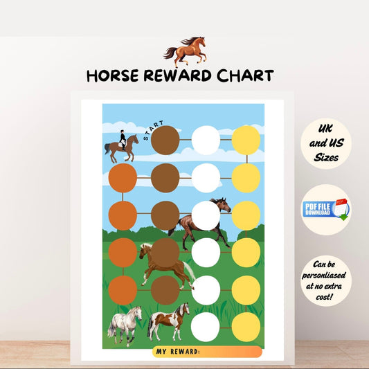 Printable horse reward chart for kids featuring colourful illustrations to track good behavior, chores, and goals. Ideal for motivation and positive reinforcement.