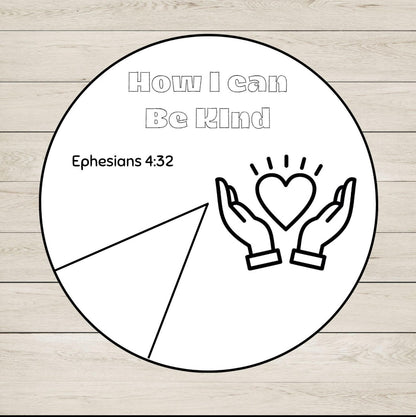 Circular worksheet titled 'How I can Be Kind' with hands holding a heart and Bible verse reference on a wooden background.