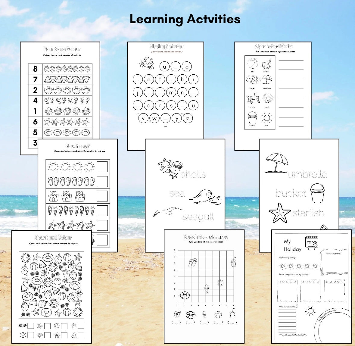 "Learning activities from a printable summer activity book."