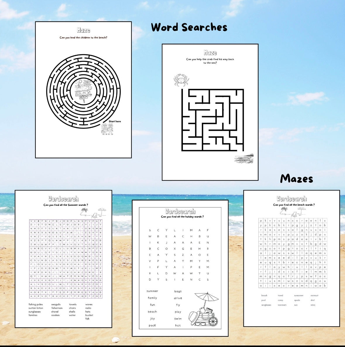 "Summer themed printable word searches."