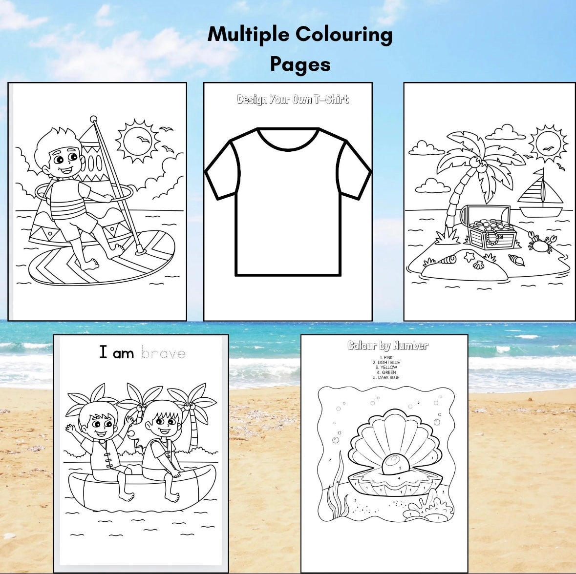 "Colouring pages from a printable summer activity colouring book."