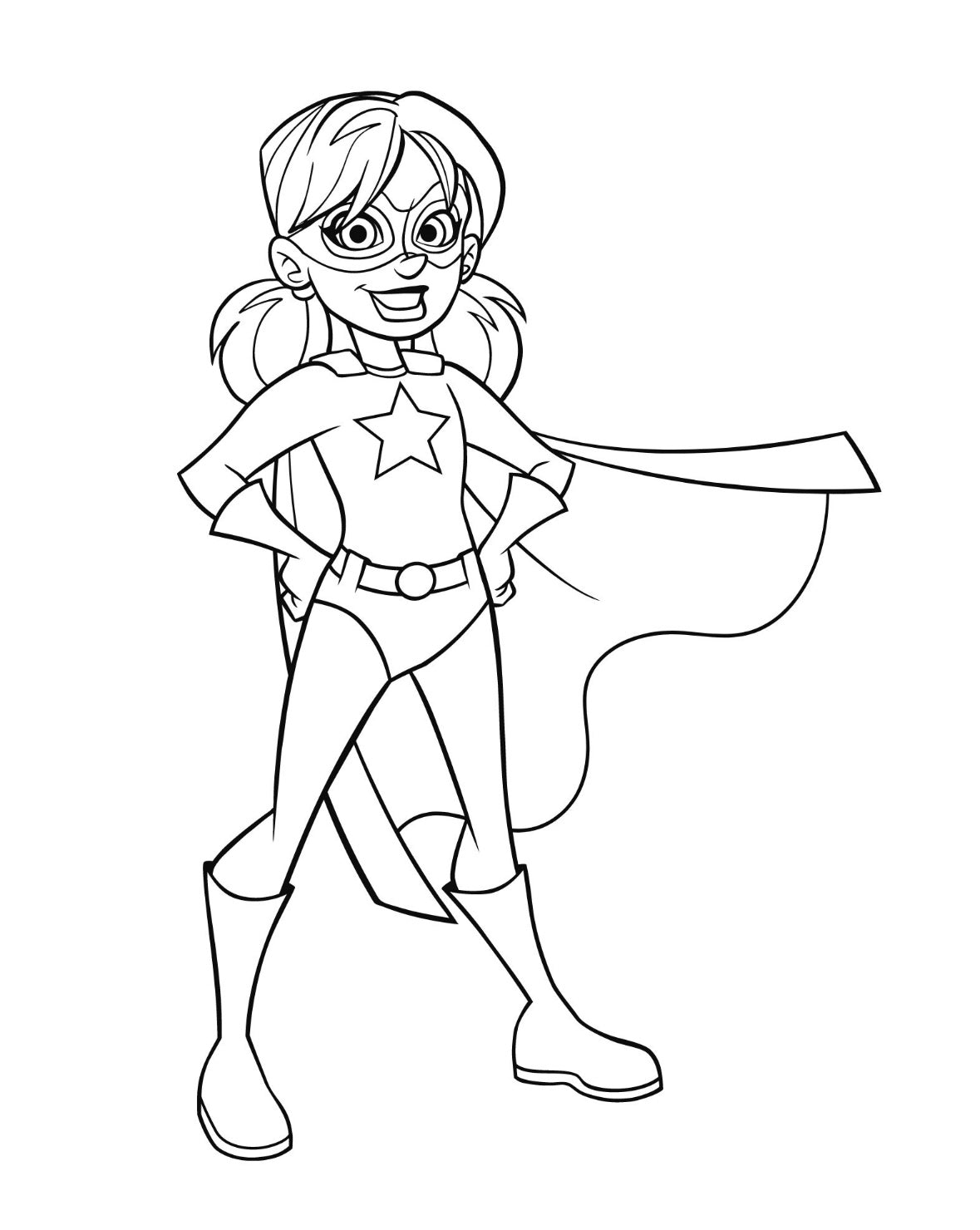 "A superhero girl colouring page printable."