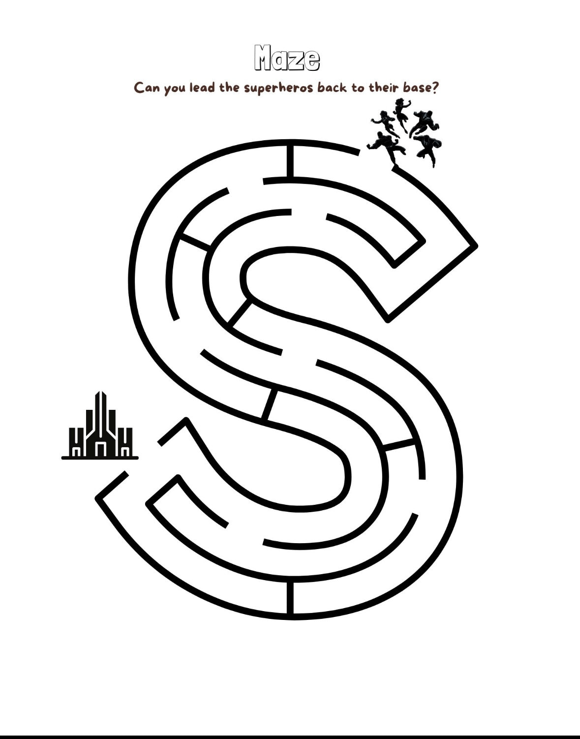 "A Maze puzzle in the shape of an S printable activity page."