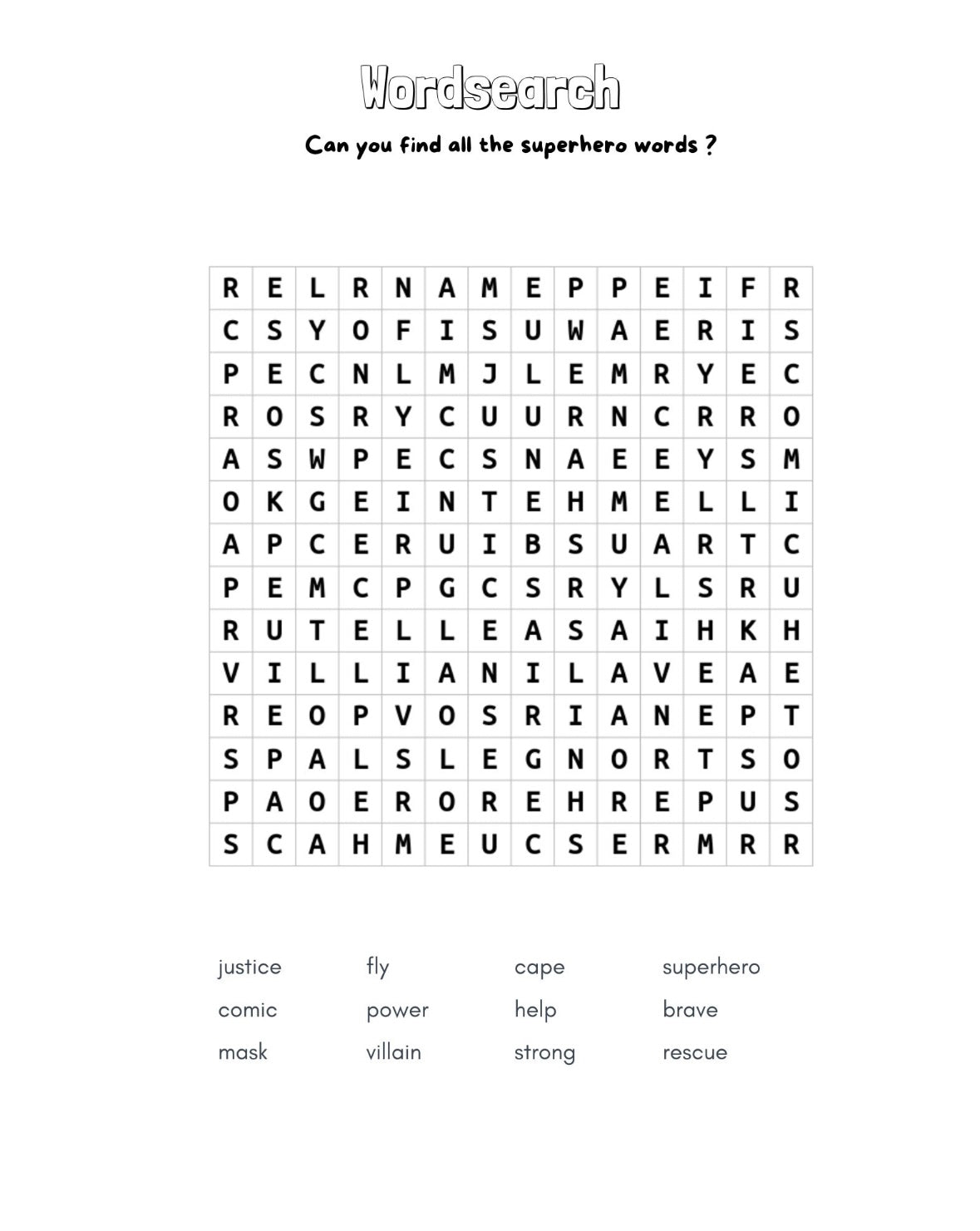 "A superhero wordsearch printable page."