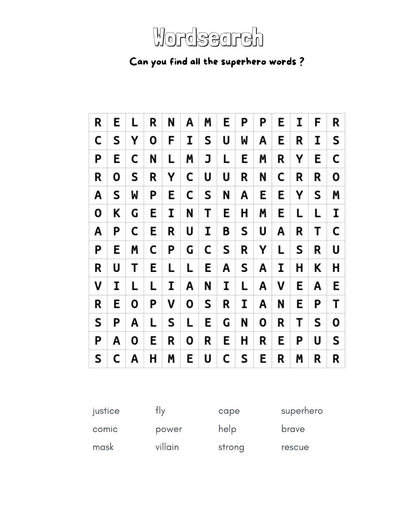 "A superhero wordsearch printable page."