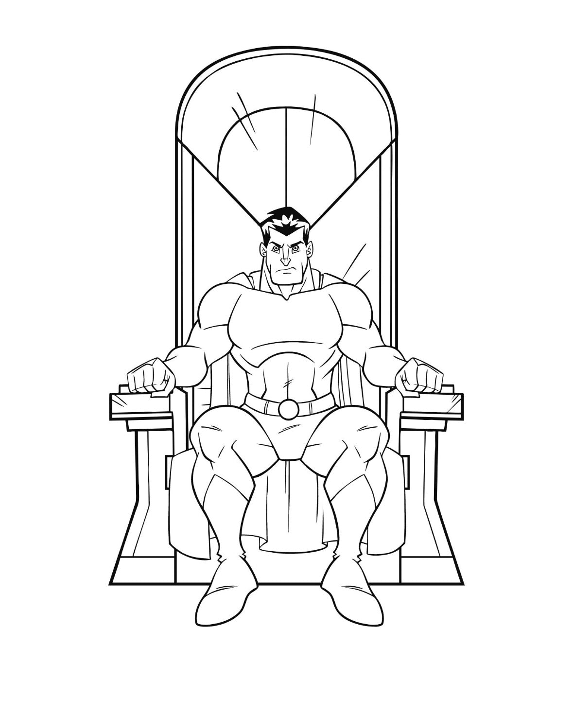 "A superhero sat in a chair colouring page."