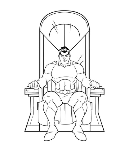 "A superhero sat in a chair colouring page."