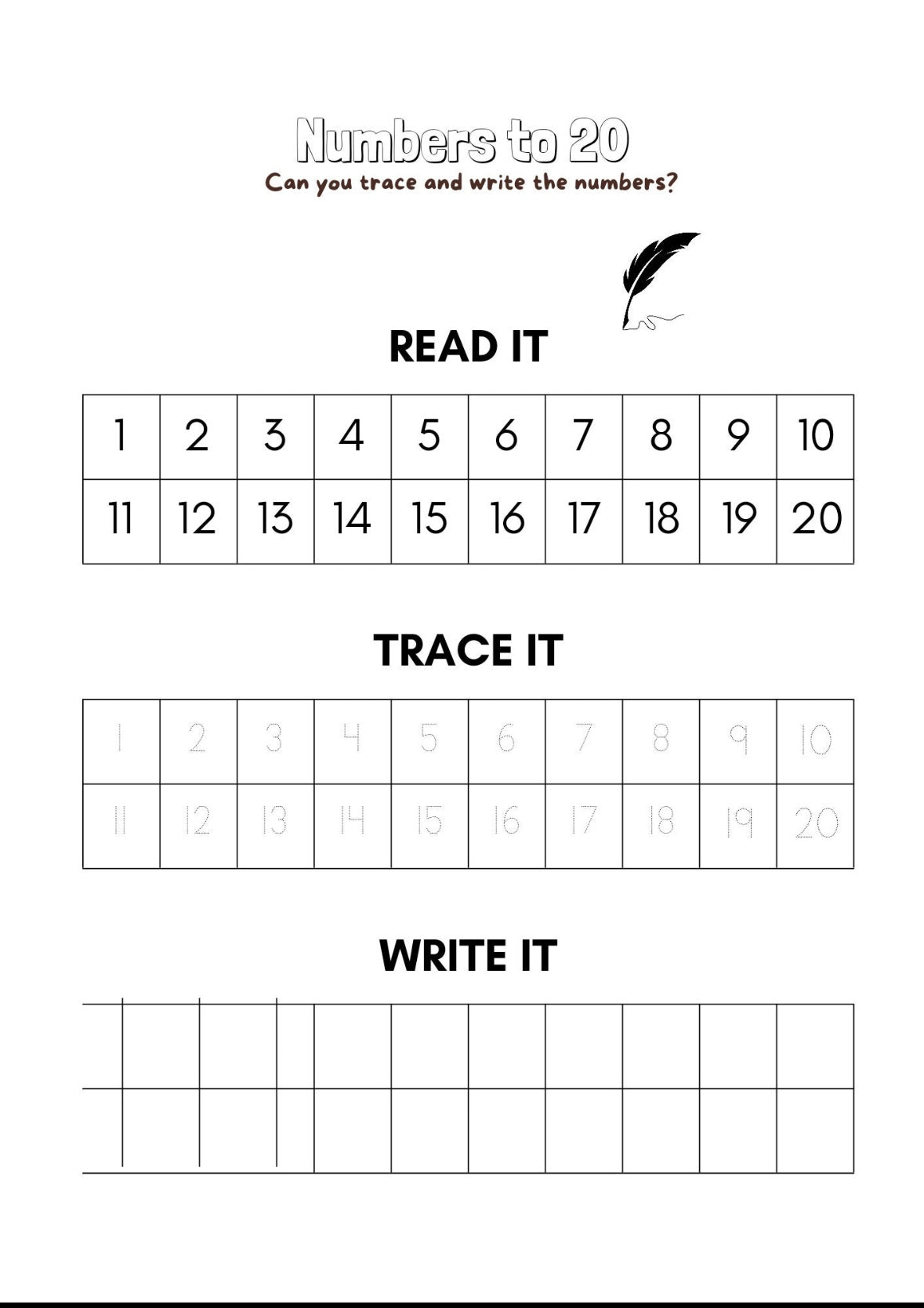 "A numbers to 20 read trace and write it sheet."