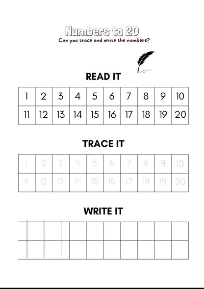 "A numbers to 20 read trace and write it sheet."