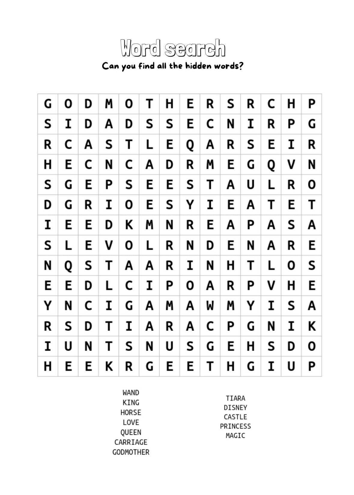 "A princess wordsearch sheet."