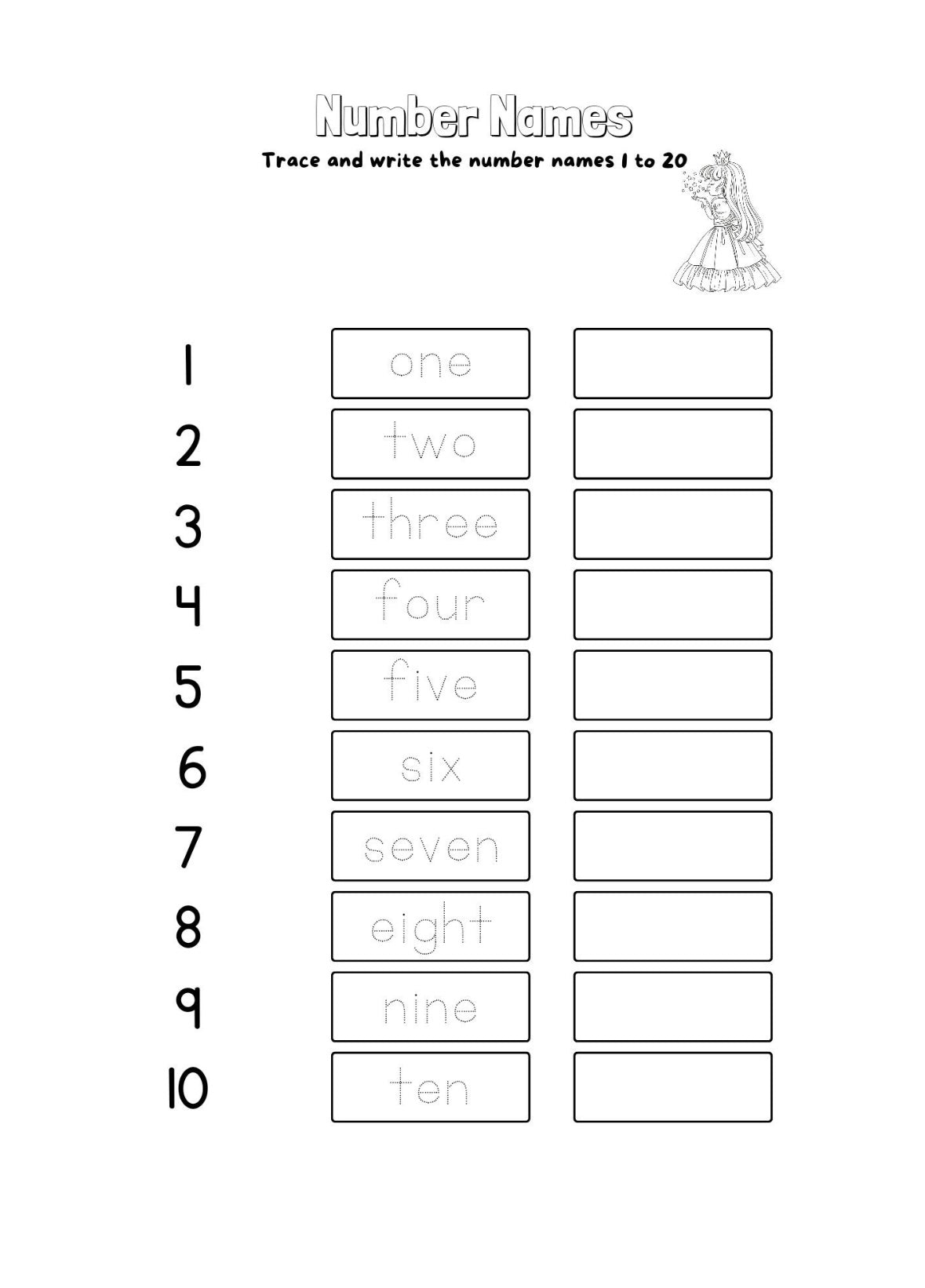 "A number names to 10 activity sheet."