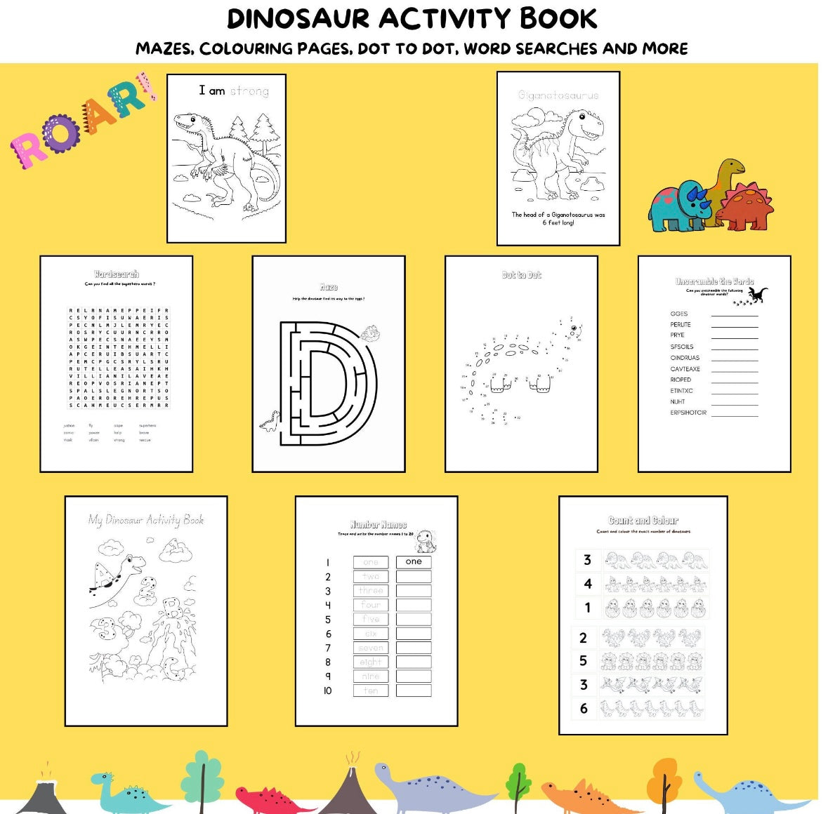 "A printable dinosaur activity colouring book."