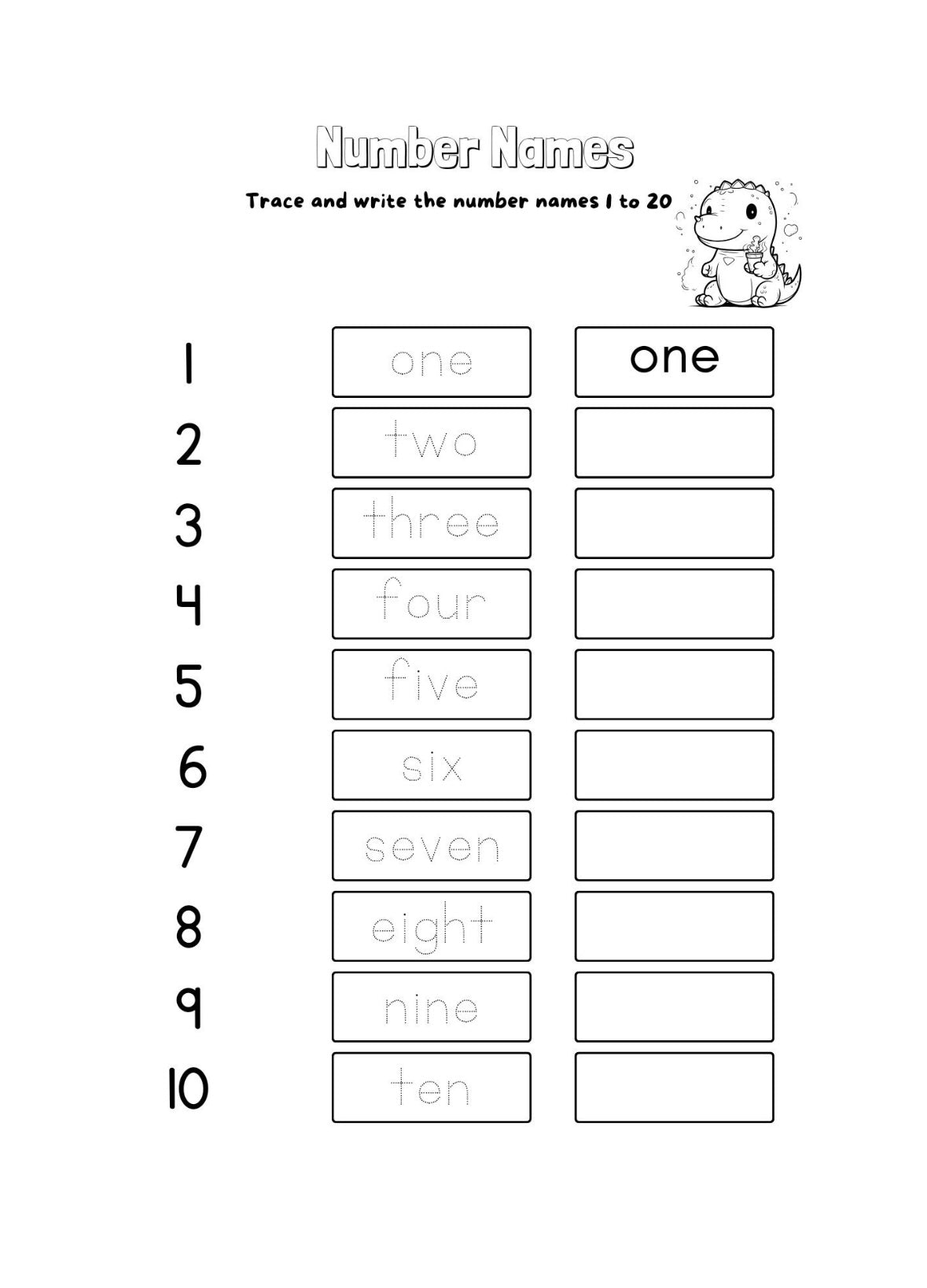 "Printable dinosaur write numbers 1-10 sheet."