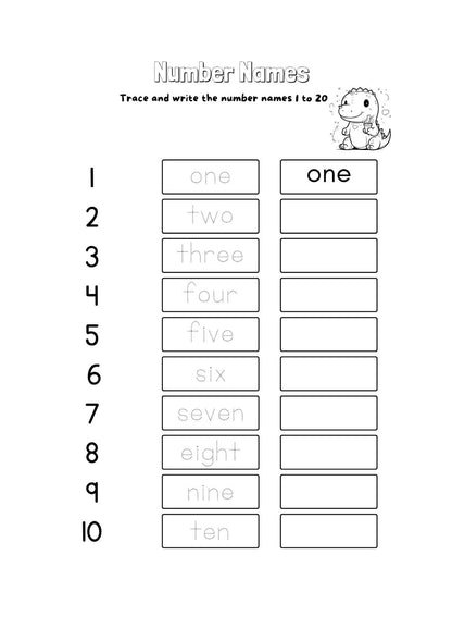 "Printable dinosaur write numbers 1-10 sheet."