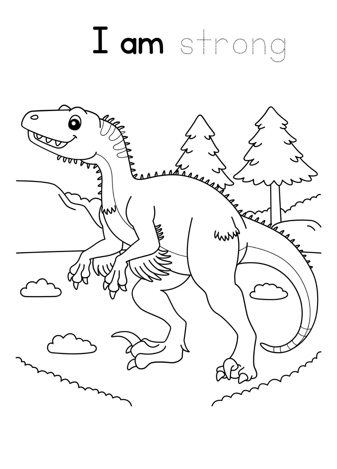 "I am strong dinosaur colouring page printable."